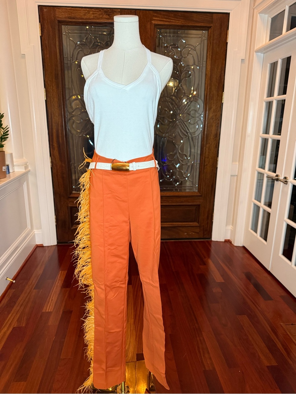Hanifa Iconic Ava Feather Trim Pants Orange XL Rare Sold Out NWT